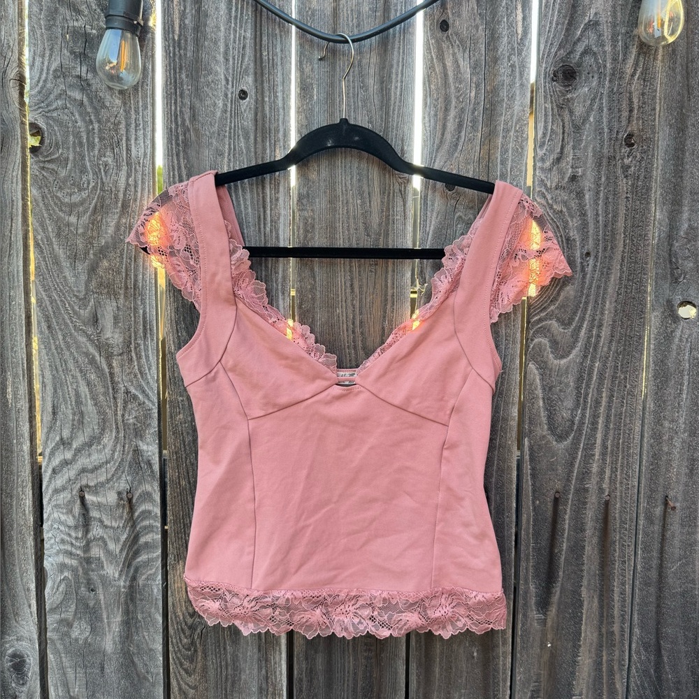 Free People Better Not Cami Sexy Lace Trim V Neck Crop Orangey Pink Size Medium